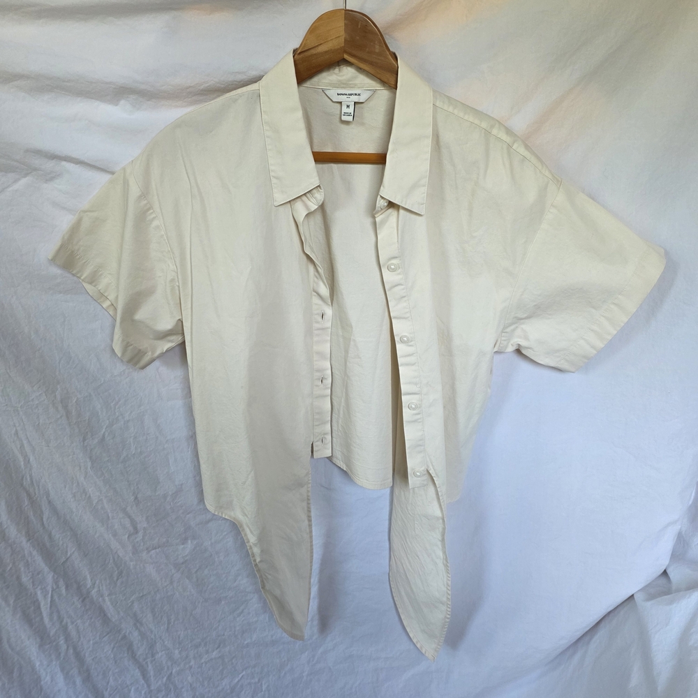 Front Tie Cream Short Sleeve Button-Up Shirt